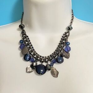 COOKIE LEE Blue Glass Beads Rhinestones Gunmetal Black Chain Statement Necklace